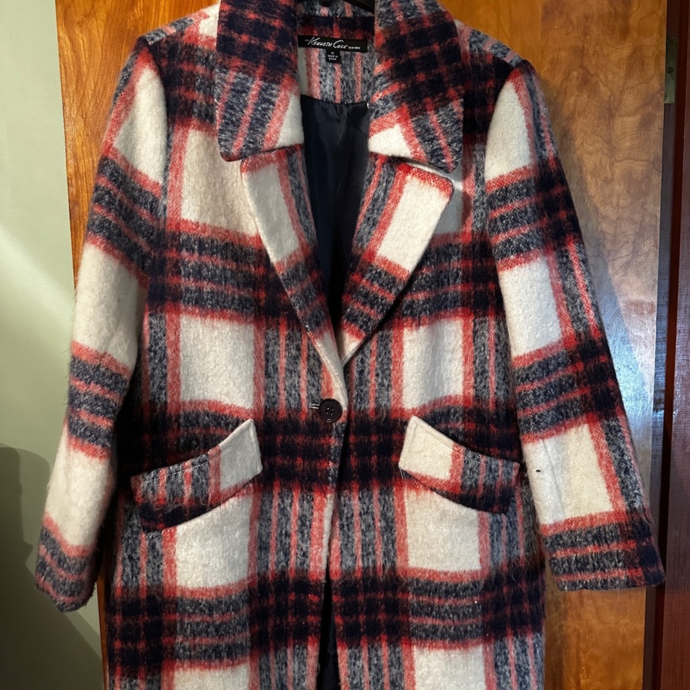 Kenneth Cole Women's Plaid Pea Coat - Red, Black, and Cream